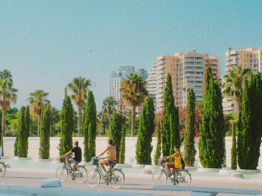Cyclists at the City of Arts and Sciences in Valencia
