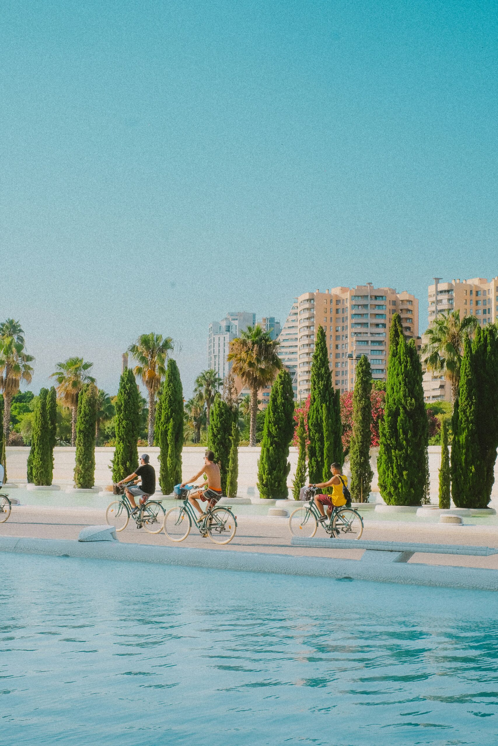 Cyclists at the City of Arts and Sciences in Valencia