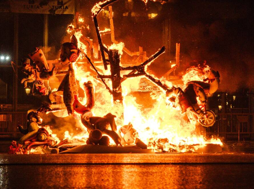 Fallas monument burning at night in Valencia