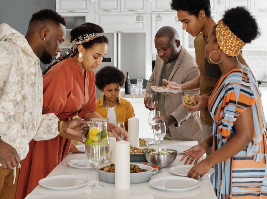 Family gathered around the kitchen table for a meal